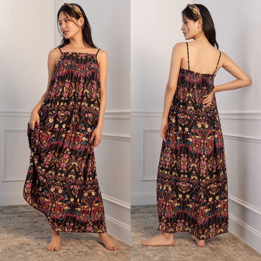 Anthropologie Quilted Floral Maxi Dress Black Pink Small Sleeveless Boho Long